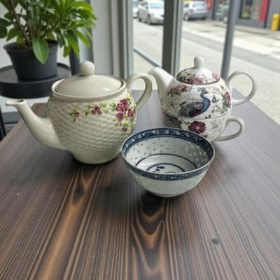 Lot of 2 Ceramic Tea Pitchers and a Small Bowl