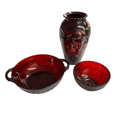 Lot of 3 Red Glass Pieces- 2 Bowls & a Vase