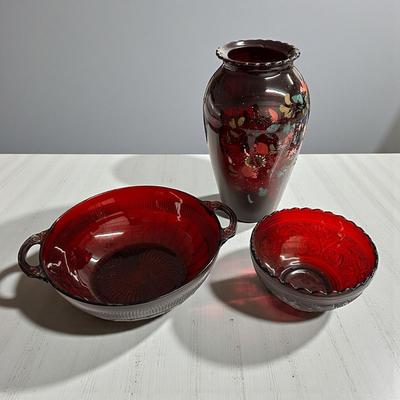 Lot of 3 Red Glass Pieces- 2 Bowls & a Vase