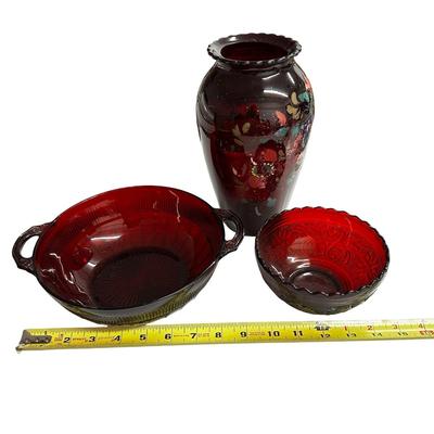 Lot of 3 Red Glass Pieces- 2 Bowls & a Vase