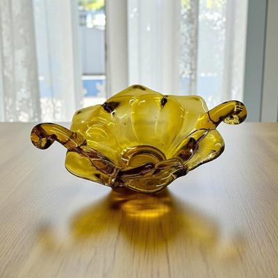 Vintage Viking Glass Amber Double Crimp Folded Low Bowl