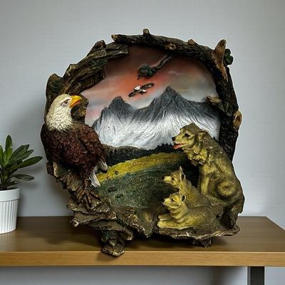 Vintage 3D Eagle and Wolves Artwork Plate with Mountains