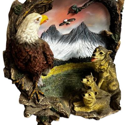 Vintage 3D Eagle and Wolves Artwork Plate with Mountains