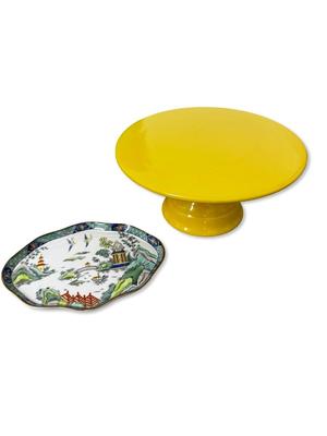 Yellow Cake Stand & Small Ceramic Dish