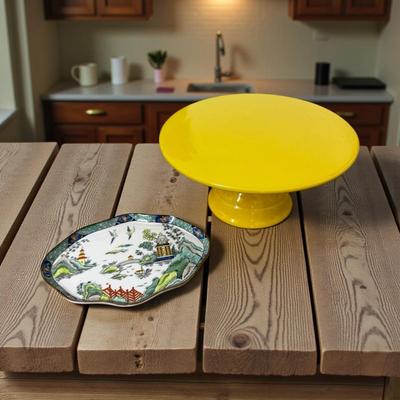 Yellow Cake Stand & Small Ceramic Dish
