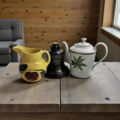 Lot of 3 Pitcher, Teapot and Whiskey Container