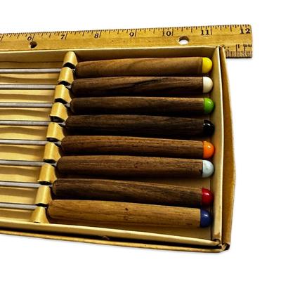 Box of 8 Stainless Steel Vintage Fondue Forks w Colored Tips