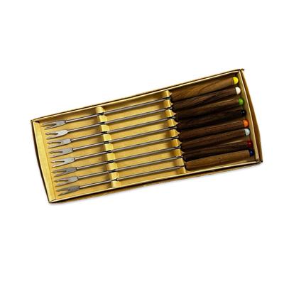 Box of 8 Stainless Steel Vintage Fondue Forks w Colored Tips