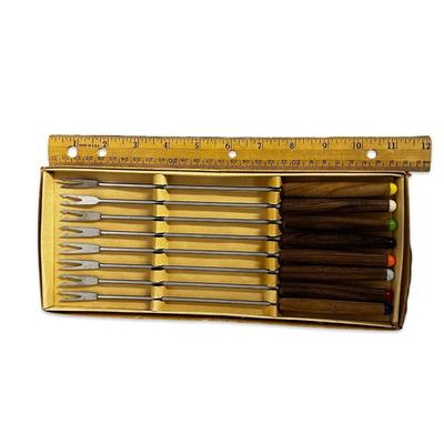 Box of 8 Stainless Steel Vintage Fondue Forks w Colored Tips