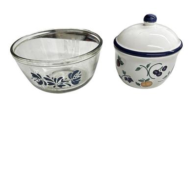 Lot of 2 Glass Bowl and Lidded Jar with Blue Decoration