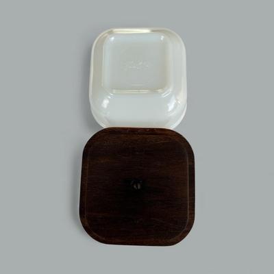 4" Square Fire King Ovenware w/ Leaf and Wood Lid