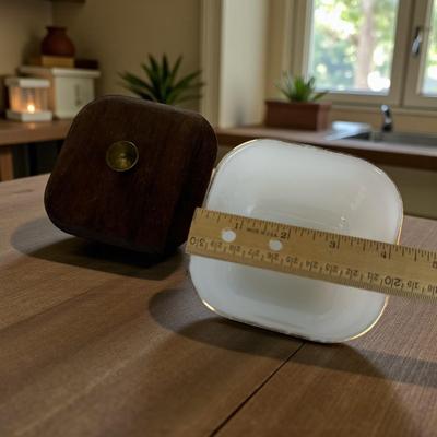 4" Square Fire King Ovenware w/ Leaf and Wood Lid