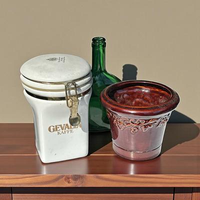 3 Decor Items- Gevalia Kaffe Container, Brown Planter, and Green Bottle