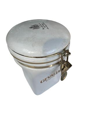 3 Decor Items- Gevalia Kaffe Container, Brown Planter, and Green Bottle