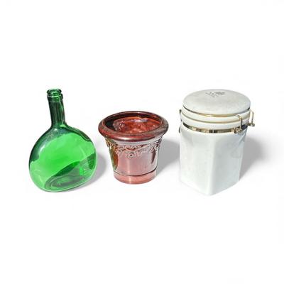 3 Decor Items- Gevalia Kaffe Container, Brown Planter, and Green Bottle