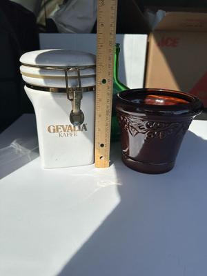 3 Decor Items- Gevalia Kaffe Container, Brown Planter, and Green Bottle