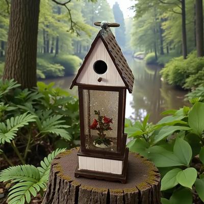 Light-Up "Birdhouse" Snow Globe Decor with Cardinals- Tested/Works