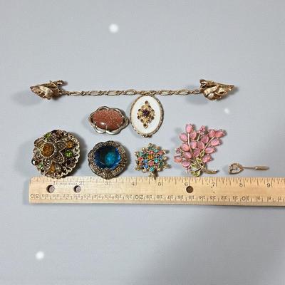 Lot of 6 Vintage Brooches, Stick Pin and Sweater Guard/Dress Clip