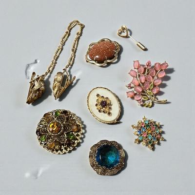 Lot of 6 Vintage Brooches, Stick Pin and Sweater Guard/Dress Clip
