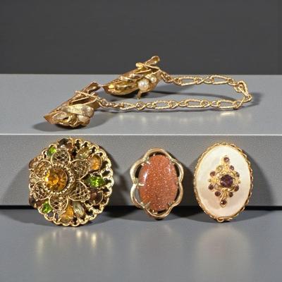 Lot of 6 Vintage Brooches, Stick Pin and Sweater Guard/Dress Clip