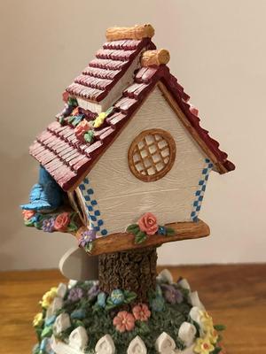 Lot of 2 Resin BIrd Items- Music Box Birdhouse "Welcome" and Figurine