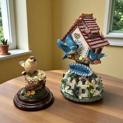 Lot of 2 Resin BIrd Items- Music Box Birdhouse "Welcome" and Figurine