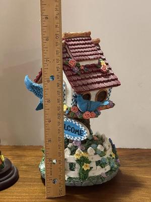 Lot of 2 Resin BIrd Items- Music Box Birdhouse "Welcome" and Figurine