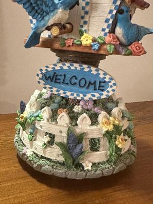 Lot of 2 Resin BIrd Items- Music Box Birdhouse "Welcome" and Figurine