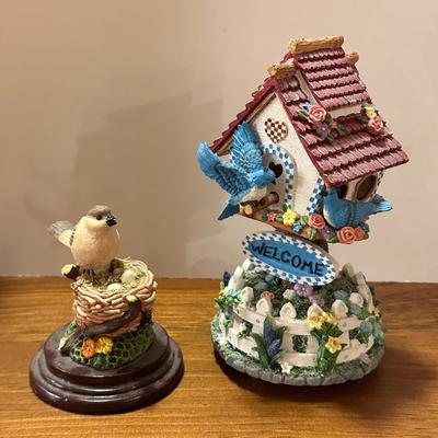 Lot of 2 Resin BIrd Items- Music Box Birdhouse "Welcome" and Figurine