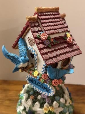 Lot of 2 Resin BIrd Items- Music Box Birdhouse "Welcome" and Figurine