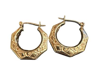 Pair of VIntage 14 K Gold Hoop Octagonal Earrings, Maker JAW