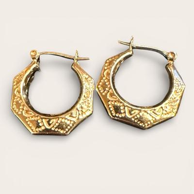 Pair of VIntage 14 K Gold Hoop Octagonal Earrings, Maker JAW