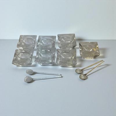 Partial Set of 7 Glass Salt Place Bowls w 4 Glass Shell Spoons