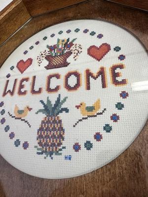 Handmade Crosstitch "Welcome" Art on Wooden Platter with Glass Cover