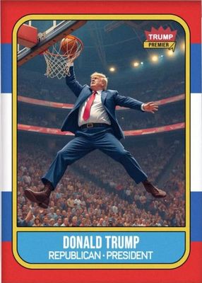 Donald Trump novelty trading card depicting him dunking a basketball in a suit, labeled "Trump Premier" and "Donald Trump...