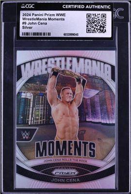 CGC-certified 2024 Panini Prizm WWE WrestleMania Moments #9 John Cena Silver trading card, featuring the 'John Cena Rolls the...