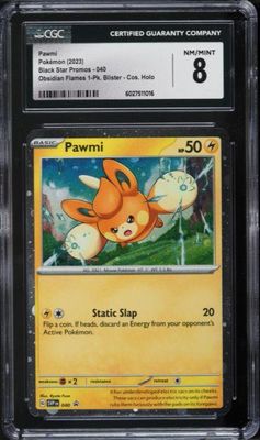 CGC-graded 8 NM/MINT Pawmi Pokémon card from the 2023 Black Star Promos series, number 040, featuring a cosmos holo finish.