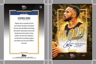 Front and back views of a Topps Now Stephen Curry basketball card, commemorating his 4,000th career three-pointer, dated March 13, 2025.