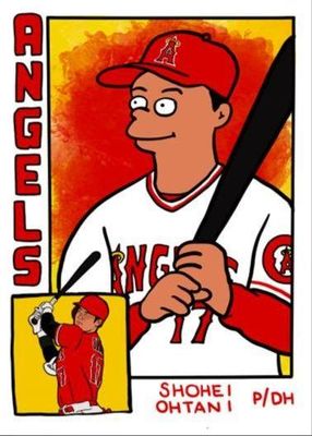 Shohei Ohtani Los Angeles Angels custom baseball card illustrated in the style of The Simpsons.