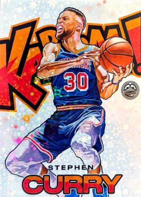 Panini Stephen Curry "Kaboom!" insert basketball card, featuring a stylized comic-book illustration of the Golden State...