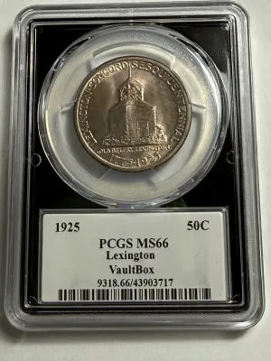 VAULT BOX PCGS 1925 MS66 LIGHTLY TONED LEXINGTON COMMEMORATIVE SILVER HALF DOLLAR AS PICTURED.
