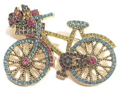 **NEW ARRIVAL** Fun Bejeweled "BLUE WHEEL BIKE" BROOCH (2" x 1¾") with Flower Bouquet Basket, Gold Frame & Spokes...