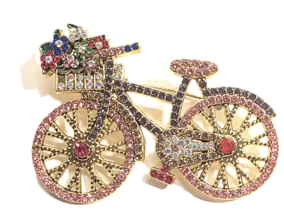 **NEW ARRIVAL** Fun Bejeweled "PINK WHEEL BIKE" BROOCH (2" x 1¾") with Flower Bouquet Basket, Blue Frame & Gold...