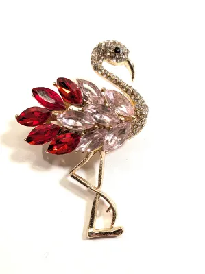 **NEW ARRIVAL** Bright RED & PINK Marquise-Cut Stones FLAMINGO BROOCH (2" x 1½") with Jeweled Head and Neck, Black Eye +...