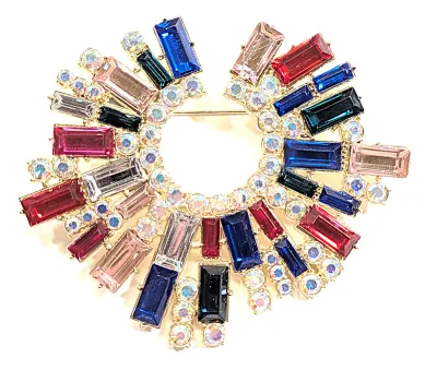 **NEW ARRIVAL** Multicolor "CIRCLE OF BAGUETTES" Stones BROOCH (2½" Diam.) with Iridescent Accent Stones on a Gold Tone...
