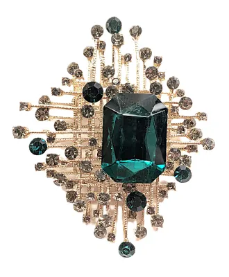 **NEW ARRIVAL** Off-Set Large Deep Green Beveled Rectangle Stone BROOCH (2¾" x 2¼") with "Criss-Cross Grill" + Gray...