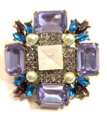 **NEW ARRIVAL** Light PURPLE Rectangle Beveled Glass Stones BROOCH (2" x 2") with WHITE Center Stone, Lime "Pearls"...