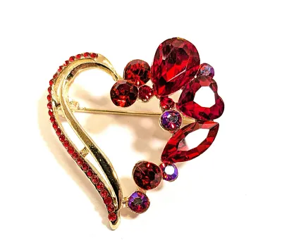 **NEW ARRIVAL** Bright RED Iridescent Pear & Round Shaped Stones HEART BROOCH (1½" x 1¼") with Small Accent Line Stones +...