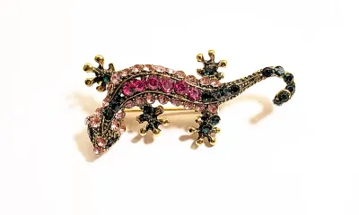 **NEW ARRIVAL** Colorful PINK & GREEN Stones LIZARD BROOCH (2" x ¾") with Black Eyes and Pink and Green Body Stones + Gold...