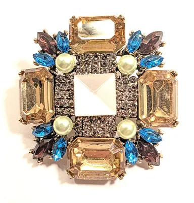 **NEW ARRIVAL** Light AMBER Rectangle Beveled Glass Stones BROOCH (2" x 2") with WHITE Center Stone, Lime "Pearls"...